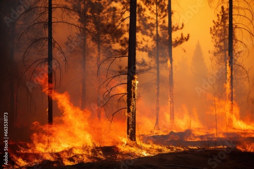 Wind blowing on a flaming trees during a forest fire