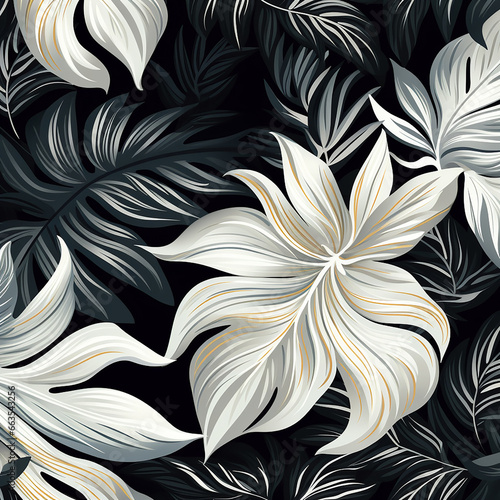 seamless floral pattern with leaves on black background created with Generative Ai