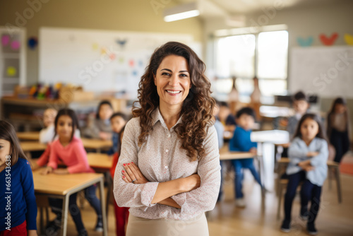 Portrait of smiling woman teacher in a class at elementary school looking at camera with learning students on background