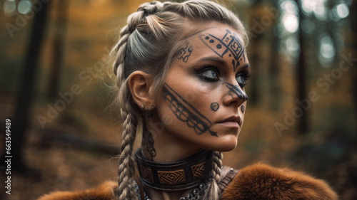 Warrior viking woman. He has Norse runes and war paint on his face.