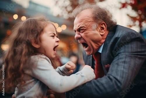 old man in a suit has a fight with a child, father and daughter or strangers meet on the street, angry and furious, shouting and insulting loudly, girl against man