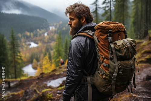 A hiker carrying essential survival gear and a map while exploring remote wilderness areas, exemplifying outdoor risk management. Concept of wilderness safety. Generative Ai.