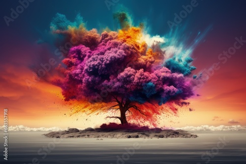 Colorful dust and smoke tree, human emotions concept, Generative AI
