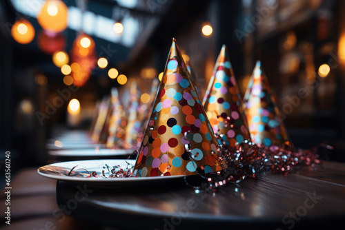 A close-up of colorful party hats and noisemakers on a table, ready to be worn and used for New Year festivities. Generative Ai.