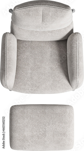 Top view of upholstery white armchair with ottoman