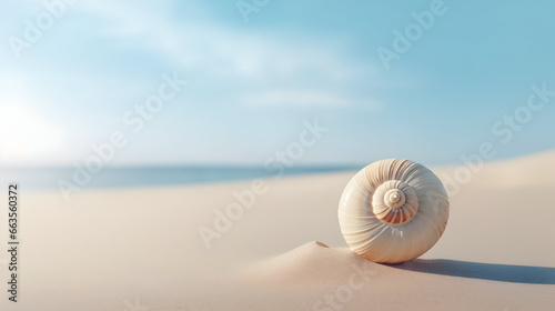 Image of a perfectly spiraled seashell on a pristine sandy beach, Seashell Spiral in Minimal Form, Seashell on sand