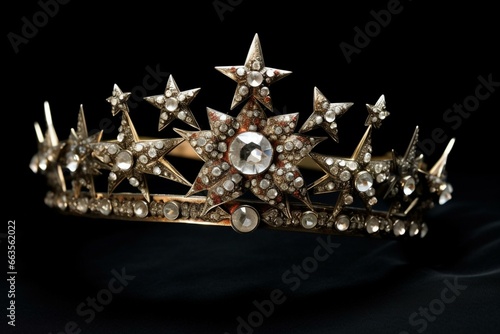 Shining tiara adorned with stars and embellishments against a sparkling backdrop. Generative AI