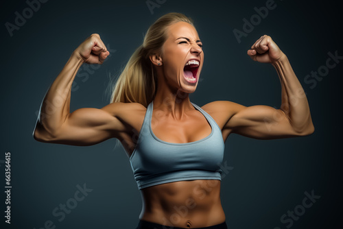 Photo of a strong woman showcasing her muscular physique. 