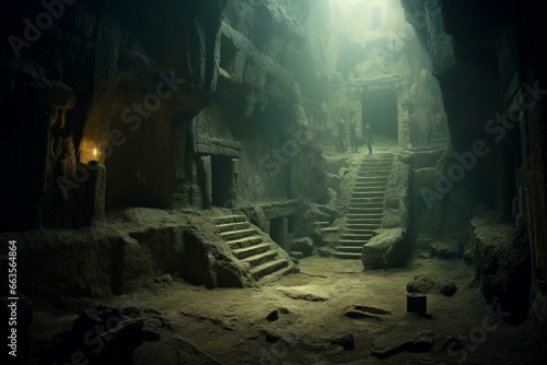 Ancient underground chamber with eerie atmosphere. Generative AI