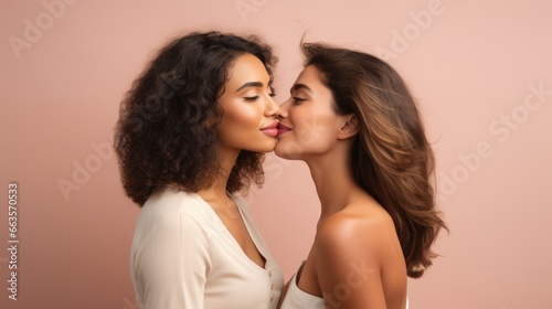 Studio shot of a diverse queer lesbian couple passionately kissing against a vibrant color backdrop.