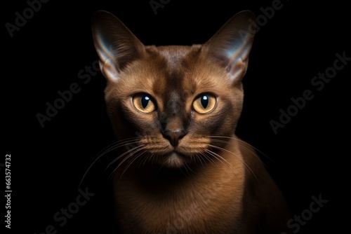 Stunning photo of a Burmese cat against a dark backdrop, capturing its distinctive personality. Generative AI