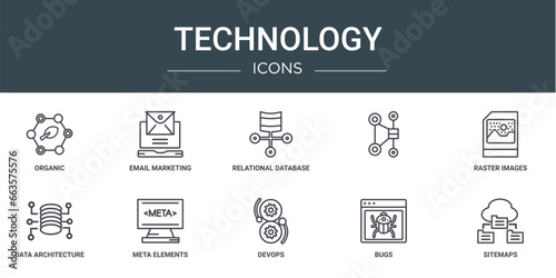 set of 10 outline web technology icons such as organic, email marketing, relational database management system, , raster images, data architecture, meta elements vector icons for report,