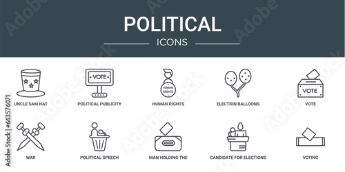 set of 10 outline web political icons such as uncle sam hat, political publicity on monitor screen, human rights, election balloons couple, vote, war, political speech vector icons for report,