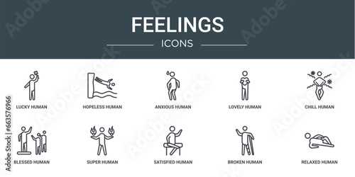 set of 10 outline web feelings icons such as lucky human, hopeless human, anxious human, lovely chill blessed super vector icons for report, presentation, diagram, web design, mobile app