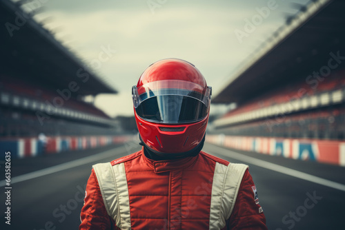 A person in a red motorcycle helmet at a race track