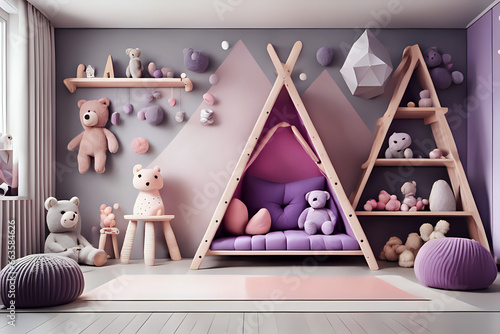 Stylish scandinavian interior design of childroom with two couch design furnitures, soft toys, teddy bear and cute children's accessories. Calm purple and pink style