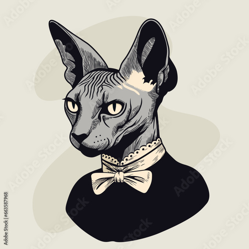 Kot rasy Sfinks w eleganckim stroju. Portret w gotyckim stylu. Prosta ilustracja wektorowa.