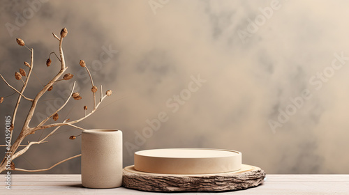 On a beige background, a rustic podium with dried branches and a cylinder shape. Mockups for products, cosmetics, fragrances, and jewelry.