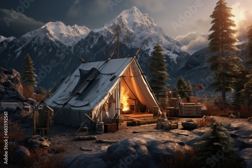 Mountain Valley Glamping Retreat Under Clear Skies, Featuring Spacious Tents, Campfire Smoke, Rustic Furnishings, and Snow-Capped Peaks in The Distance.