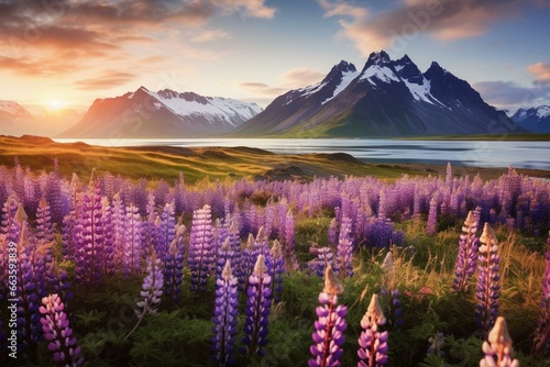 Scenic day with vibrant lupine flowers on Stokksnes cape, Iceland. Generative AI