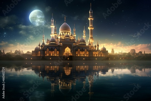 Stunning mosque shimmering under a crescent moon. Generative AI