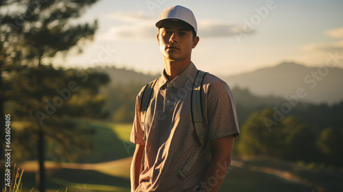 person standing on a hill, person walking in the sunset, man in golf course, young professional male golf player 