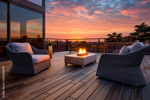 Modern living deck furnished with open gas fire in background of beautiful sunset. Relaxation concept of buildings and spaces.