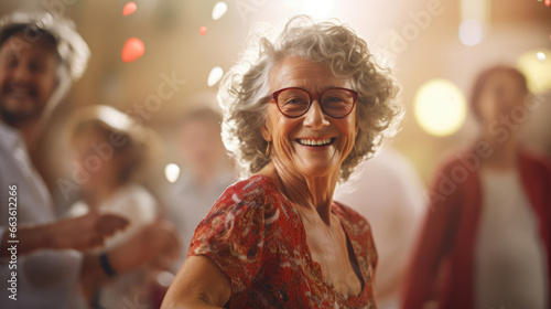 A senior lady jitterbugging at a lively dance event