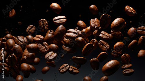 黒背景に飛散するコーヒー豆の背景