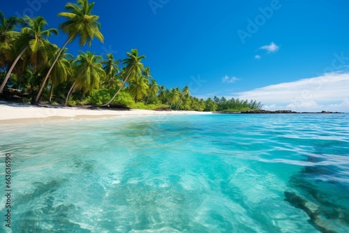 A scenic view of a beautiful beach with palm trees and clear blue water. Generative AI