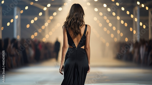 Female model walk the runway in black evening dress during a Fashion Show. Back side. Fashion catwalk event showing new collection of clothes.