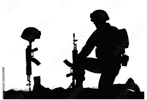 Army soldier in sorrow for fallen comrade, standing on knee, leaning on rifle, look at Helmet Gun and Rifle in Combat Boots