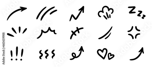 Line movement effect element, cartoon emotion effect decoration icon. Hand drawn cute doodle line element arrow, emphasis, shock, sparkle. Anime movement, express shape. Vector illustration.