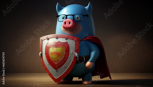 Schwein als Superheld mit Schutzschild und Umhang gefahren abwehren Sichtweite und Gesundheit Cyberangriff verteidigen blocken Prävention Geld für Sicherheit und Schutz ausgeben Generative AI 