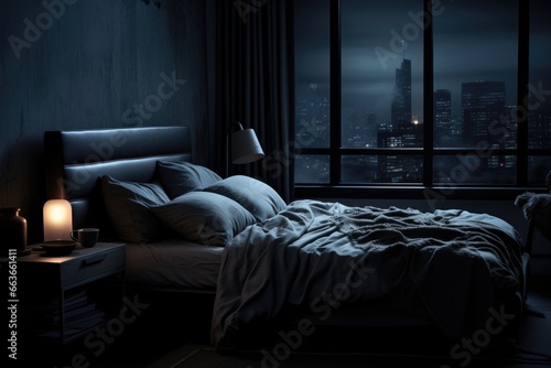 penthouse bedroom at night, dark and gloomy, A room with a view of the city of lighting, focus from balcony from the bed AI Generative