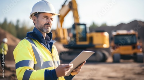 Engineer using tablet working on construction heavy machine background, Construction site.