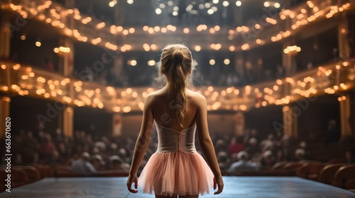 Ballerina little girl on theater stage, Beauty of classical ballet.