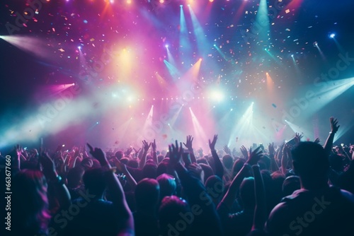 Rear view of the crowd of people at a party at a concert stage at a music festival