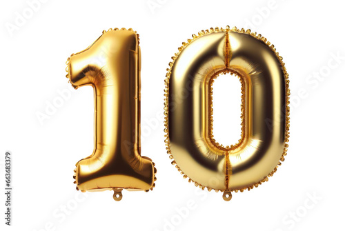 Ten number 10 font golden balloon isolated on white transparent background, PNG