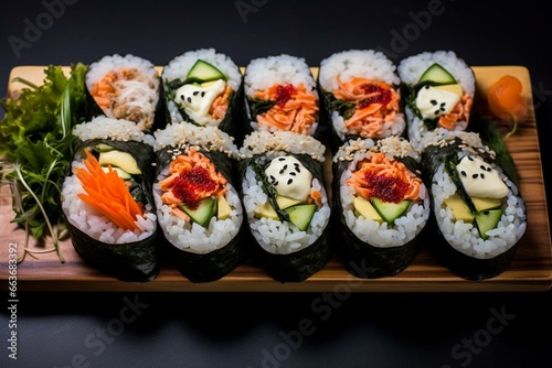 A traditional Korean meal made with steamed white rice and a variety of ingredients folded in dried laver seaweed sheets, served as gimbap kimbap. Generative AI