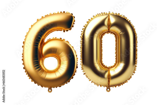 60 number sixty font golden balloon isolated on white transparent background, PNG