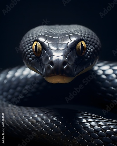 Close up portrait of a black mamba with piercing eyes in dark background