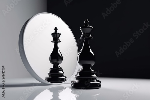 chess game black pawn piece stands in front of mirror,self reflection concept,self awareness concept 