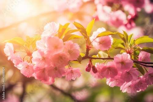 Colorful spring background with frame of pink cherry blossoms and morning soft light wallpaper background