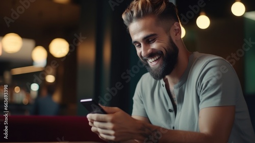 a man smiling and using on his mobile smartphone and smiling in a cafe bar. blurry background. late in the night evening.