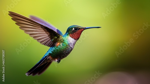 Wide-billed Hummingbird .Hummingbird, in flight facing away from the camera with colorful flowers in the background.