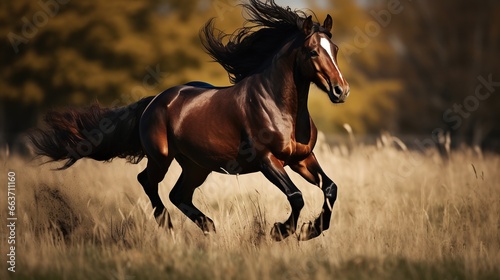 Horses running in the meadow . Horse with long mane run gallop,