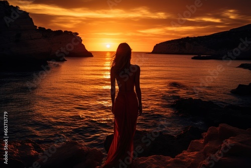 Beautiful girl in a long evening dress on the seashore at sunset, Epic red sunset in Cala Llentrisca with model , Ibiza, AI Generated