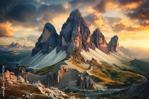 Sunset in the Dolomites, Italy. Dramatic and picturesque scene, famous Italian National Park Tre Cime di Lavaredo. Dolomites, South Tyrol. Auronzo, AI Generated