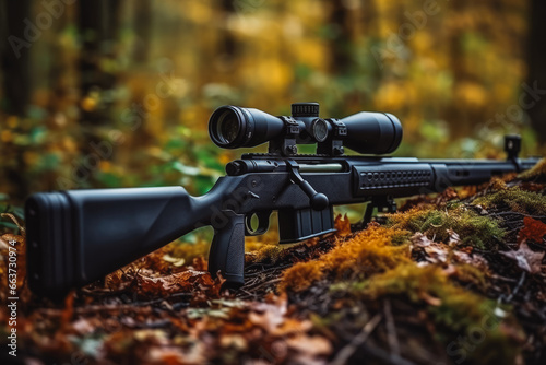 A rifle with a telescopic sight hunting in the forest. Hunters in forest with rifle guns. Gun violence and hunting concept.